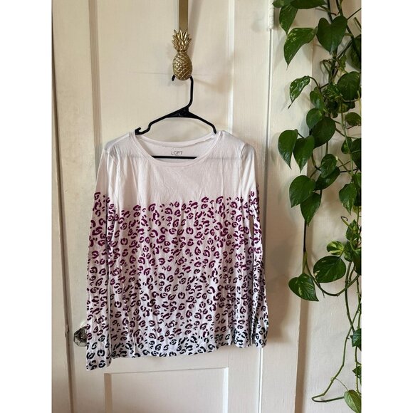 Loft outlet women’s size medium purple cheetah print white long sleeve - Picture 1 of 8